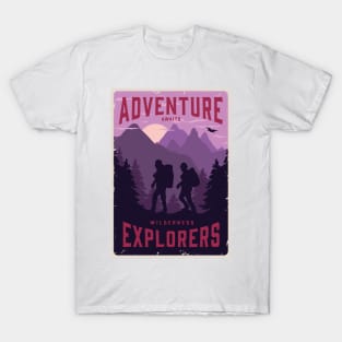 Hiking people. Walking mountains. Tourists with backpacks on sunset T-Shirt